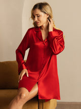 [Rouge] SilkSilky-FR Long Sleeve Lapel Collar Chemise pour dormir 005