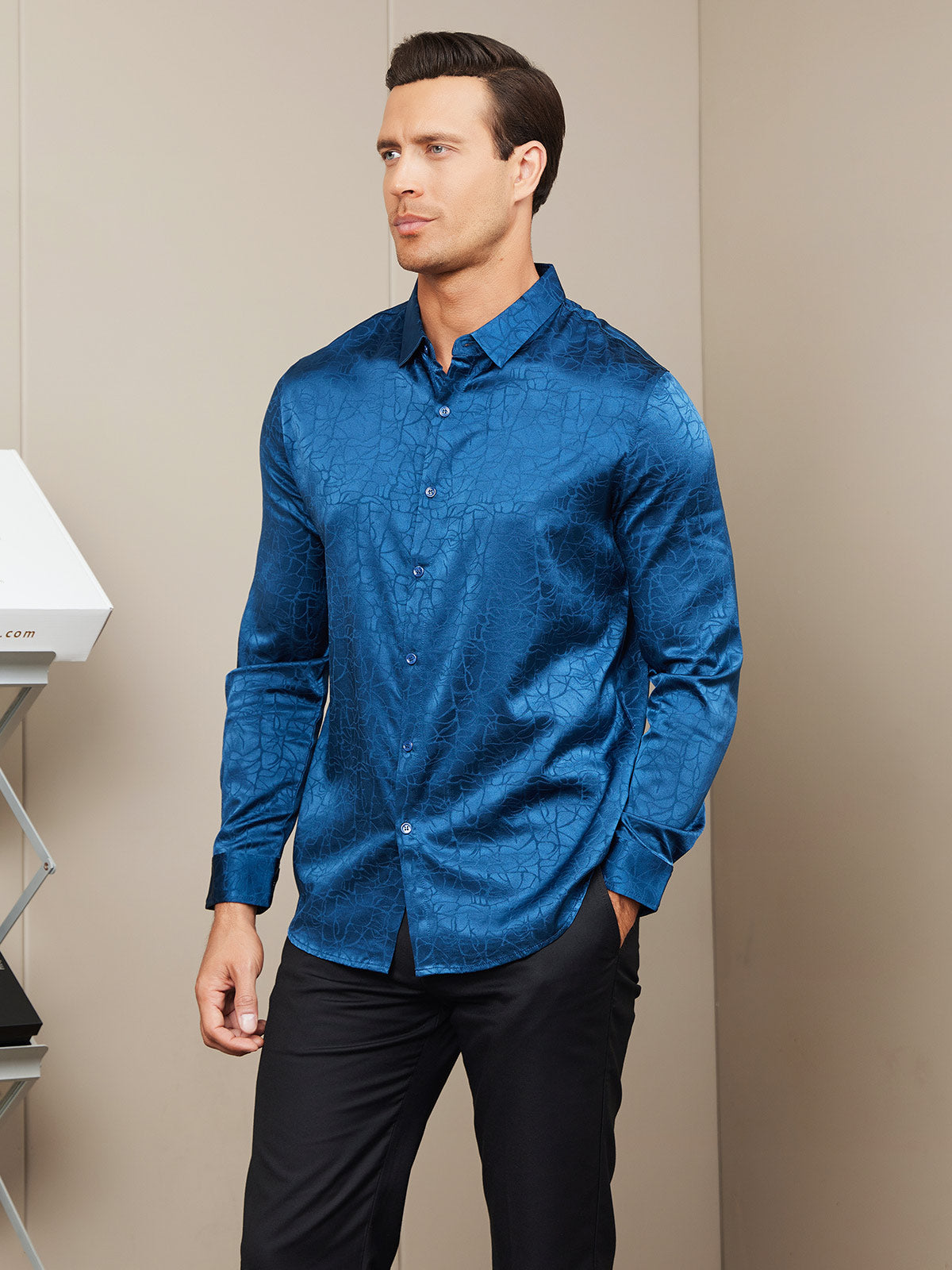 SilkSilky FR Soie Manches longues Col Chemise Homme Chemise BleuFoncé 004