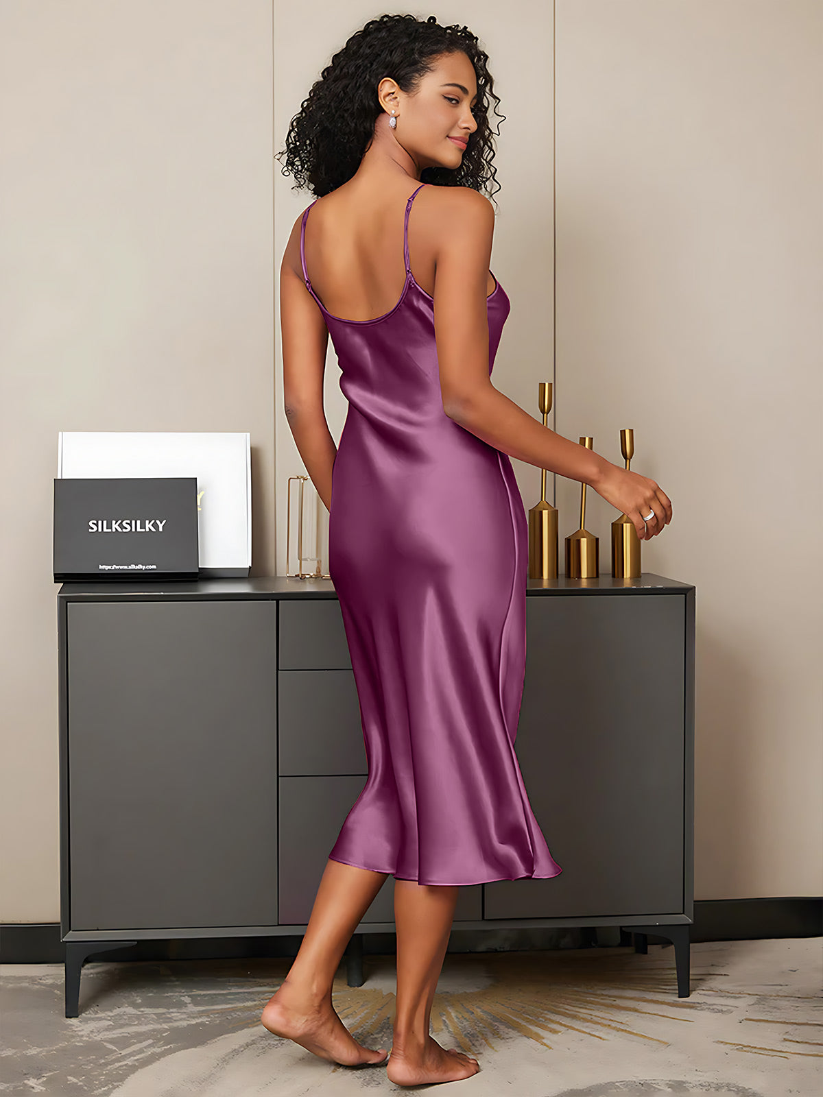 [Violet Foncé] SilkSilky-FR Pure Soie Col Rond Chemises de nuit 002