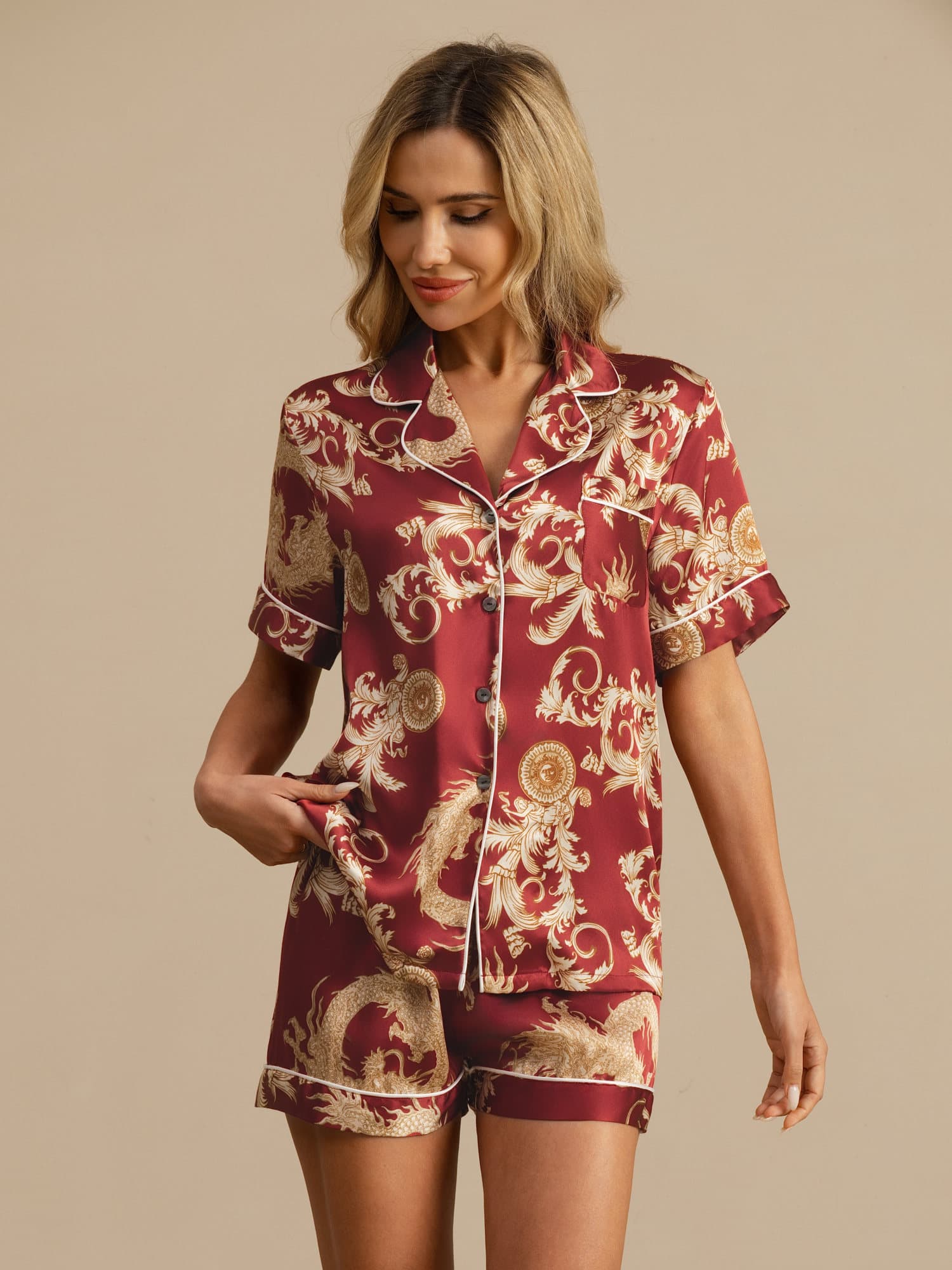 [Dragon Bordeaux] SilkSilky-FR Manches courtes Col Cranté Femme Pyjamas 004