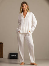 [Blanc] SilkSilky-FR 19Momme Manches longues Col Cranté Femme Pyjamas 008