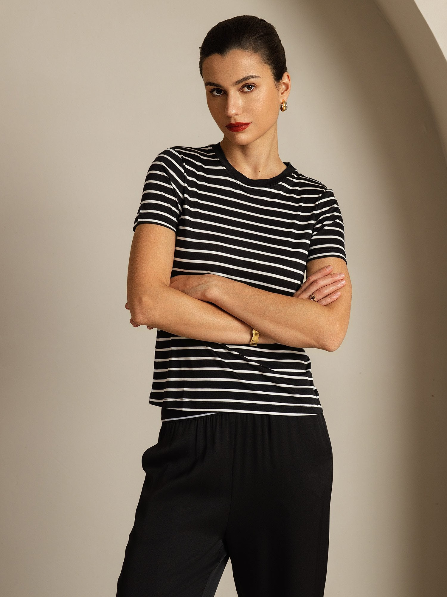 [RayureNoire] SilkSilky-FR Soie Col Rond Femme T-Shirt 005