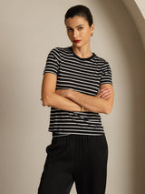 [RayureNoire] SilkSilky-FR Soie Col Rond Femme T-Shirt 005