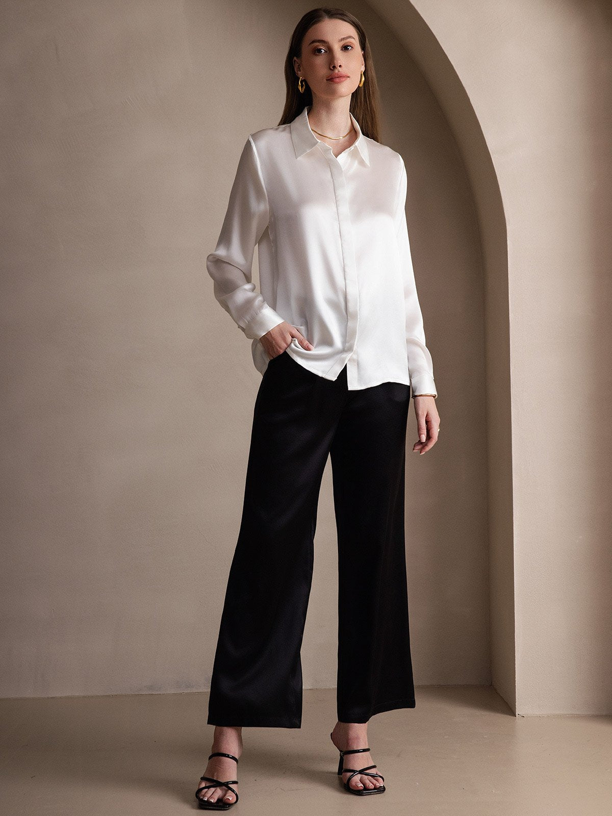 [Blanc] SilkSilky-FR 19Momme Soie Manches longues Col Chemise Femme Chemise 007