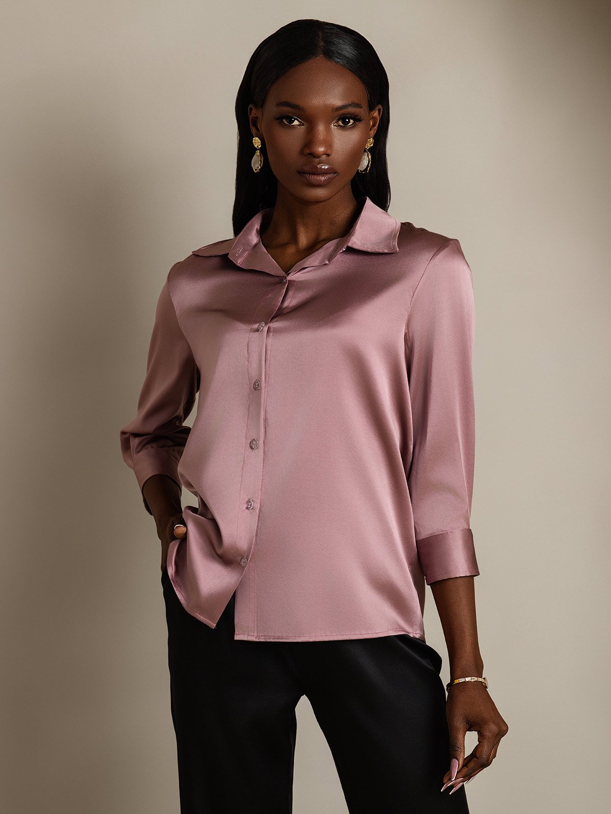 SilkSilky-FR 19Momme Soie Manches longues Revers Femme Chemise MauvePâle 004