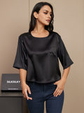 SilkSilky FR Pure Soie Manches mi longues Col Bateau Femme T Shirt Noir 004