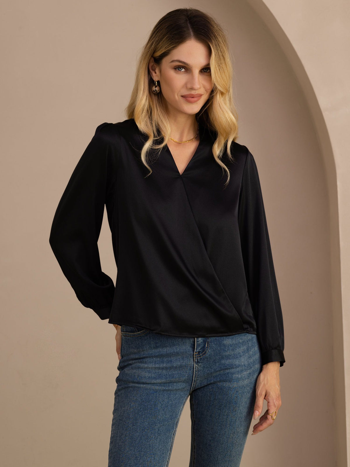 [Noir] SilkSilky-FR Long Sleeve Blouse 001