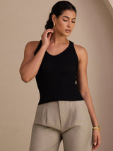 [Noir] SilkSilky-FR Sleeveless Deep V Neck Top À Fines Brides 004