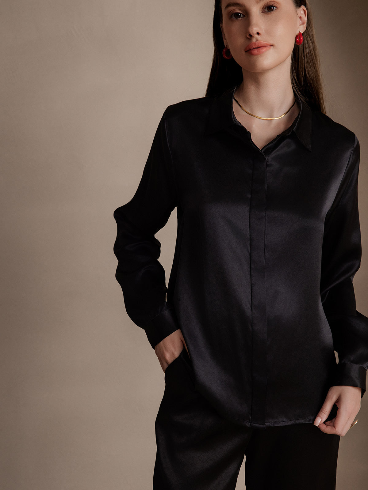 [Noir] SilkSilky-FR 19Momme Soie Lapel Collar Femme Chemise 001