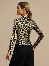 [Leopard] SilkSilky-FR Manches longues Col Mock Femme T-Shirt 002
