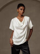 [Blanc] SilkSilky-FR Short Sleeve Cowl Neck Blouse 003