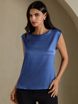 [Bleu Canard Véritable] SilkSilky-FR Cap Sleeve Round Neck Femme T-Shirt 001