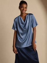 [Bleu Canard Véritable] SilkSilky-FR Short Sleeve Cowl Neck Blouse 001