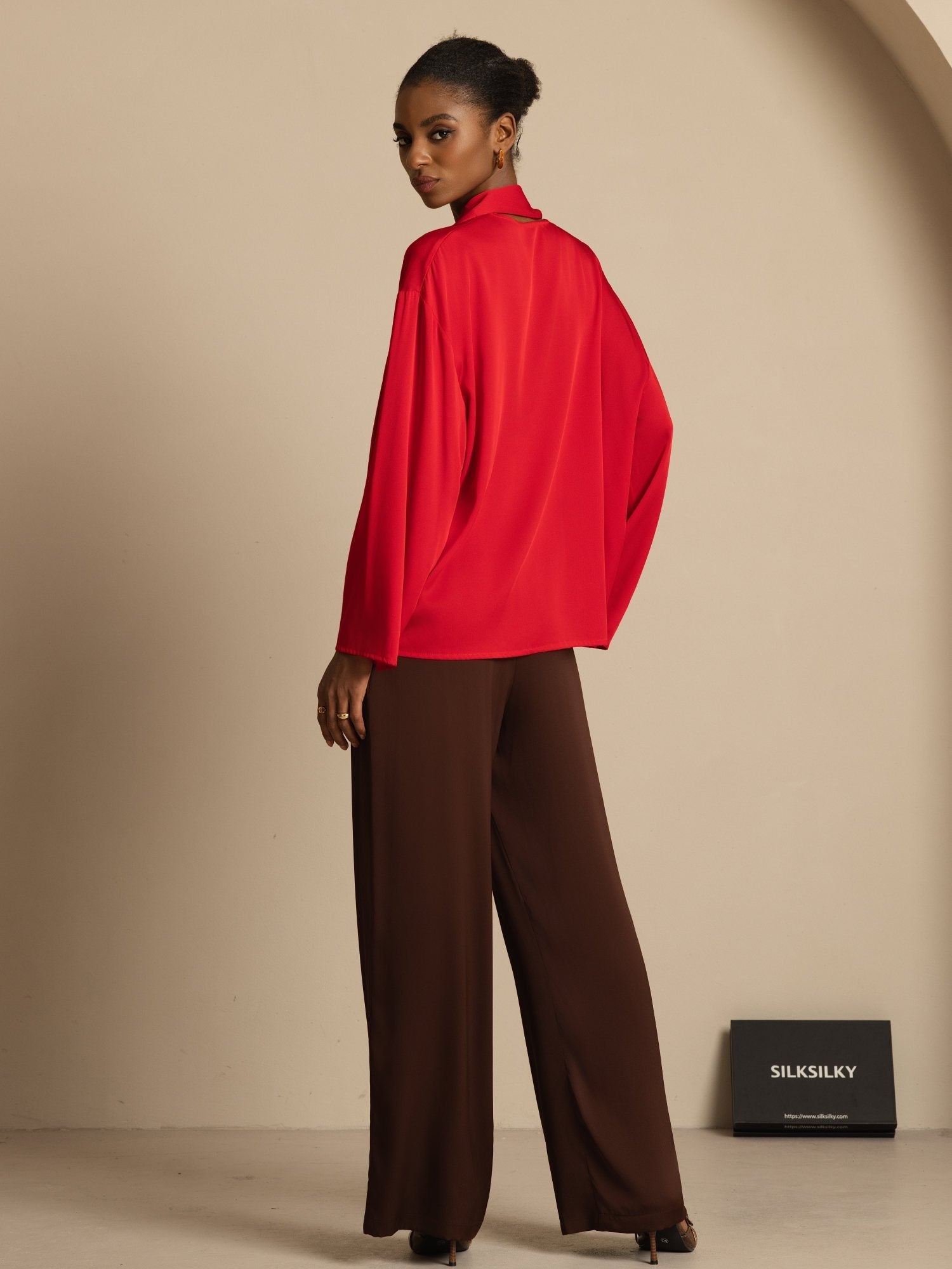 [Rouge Vineux] SilkSilky-FR 19Momme Soie Manches longues Col V Blouse 007