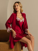 [Rouge Vineux] SilkSilky-FR 3/4 Sleeve V Neck Peignoir&Robe de Chambre 007
