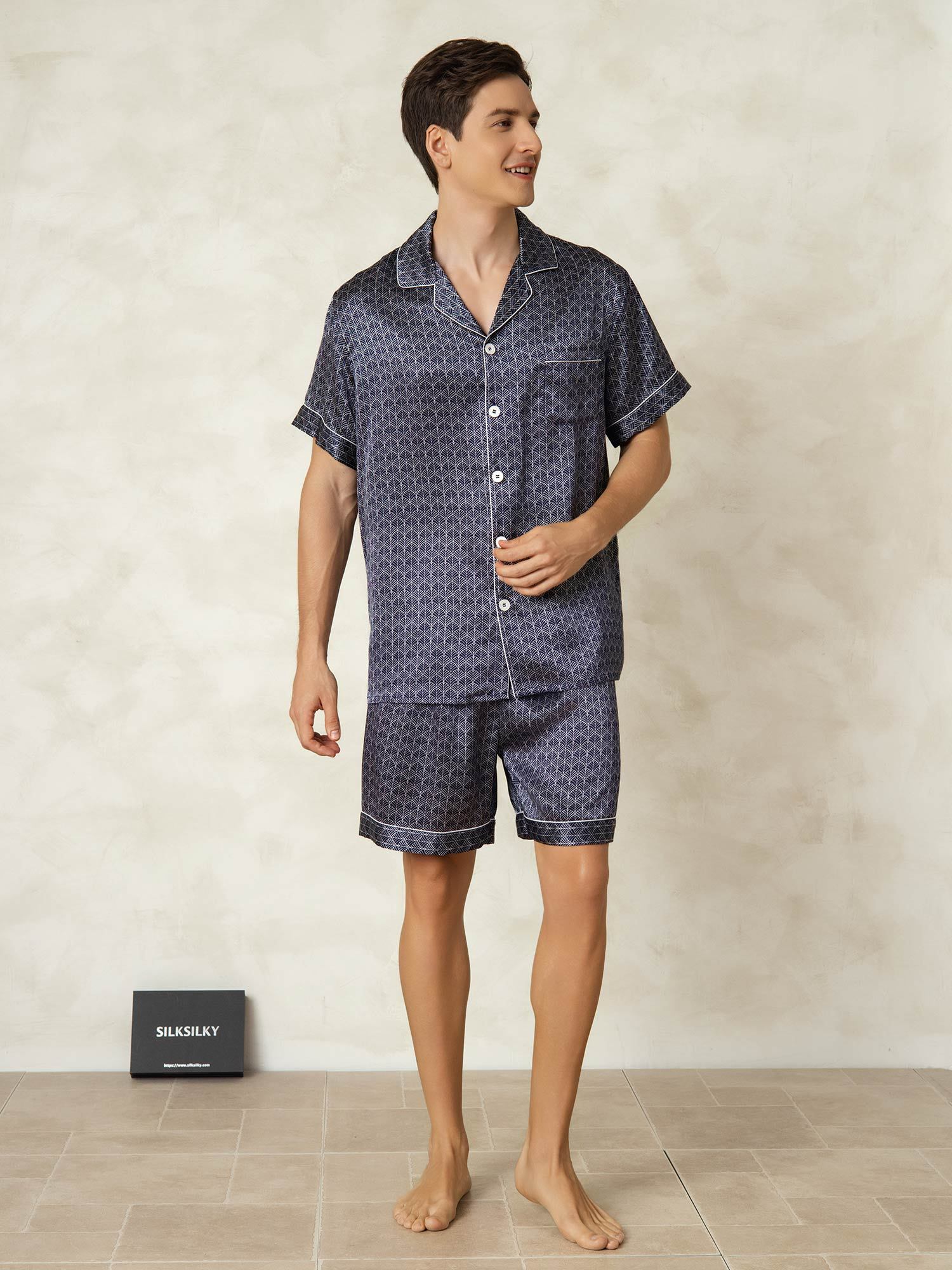[Ginkgo Marine] SilkSilky-FR Manches courtes Col Cranté Homme Pyjamas 006
