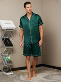 SilkSilky FR Pure Soie Manches courtes Revers Homme Pyjamas Vert 006