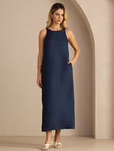 [Bleu Foncé] SilkSilky-FR Sleeveless Crew Neck Robes 005