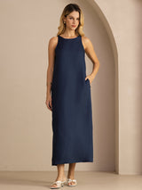 [Bleu Foncé] SilkSilky-FR Sleeveless Crew Neck Robes 005
