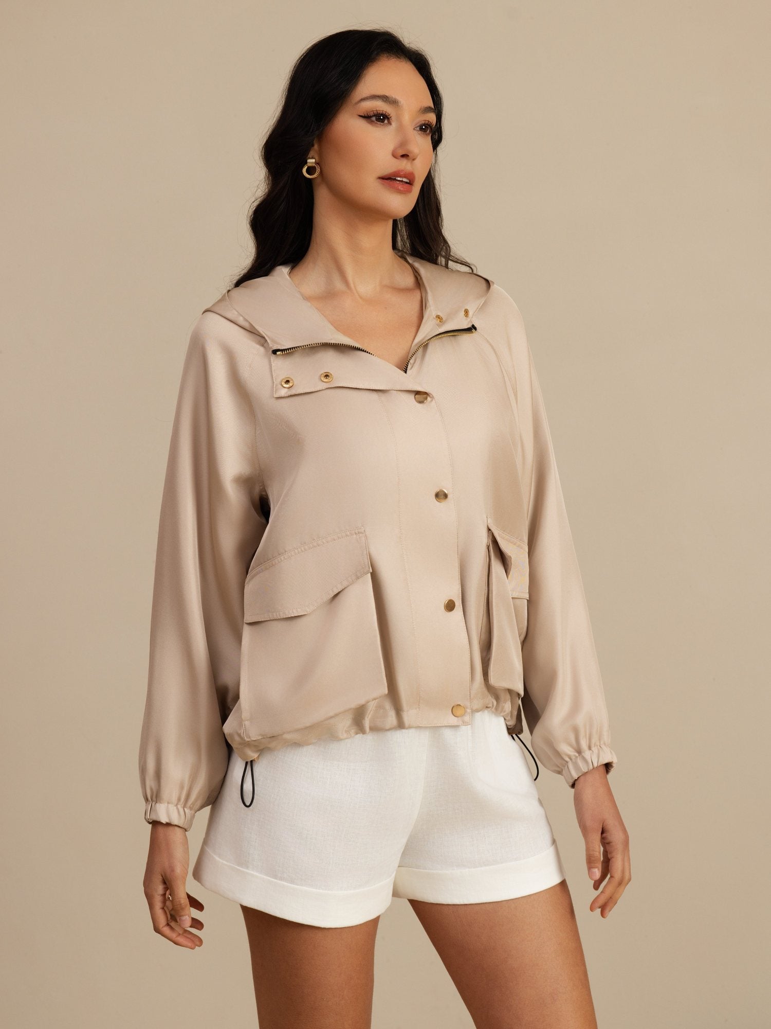 [Tan] SilkSilky-FR Manches longues Col Haut Femme Manteaux 004