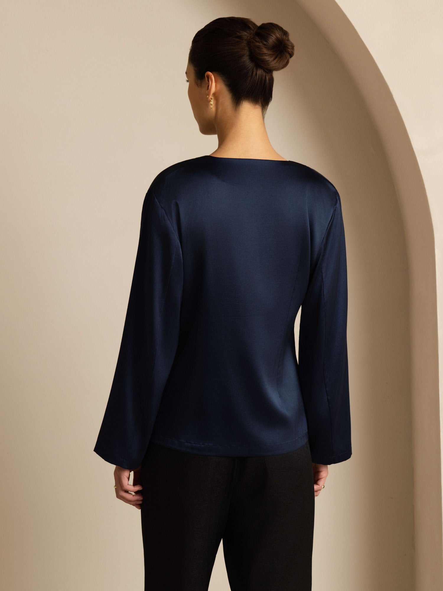 [Bleu Foncé] SilkSilky-FR 19Momme Manches longues Femme Manteaux 002