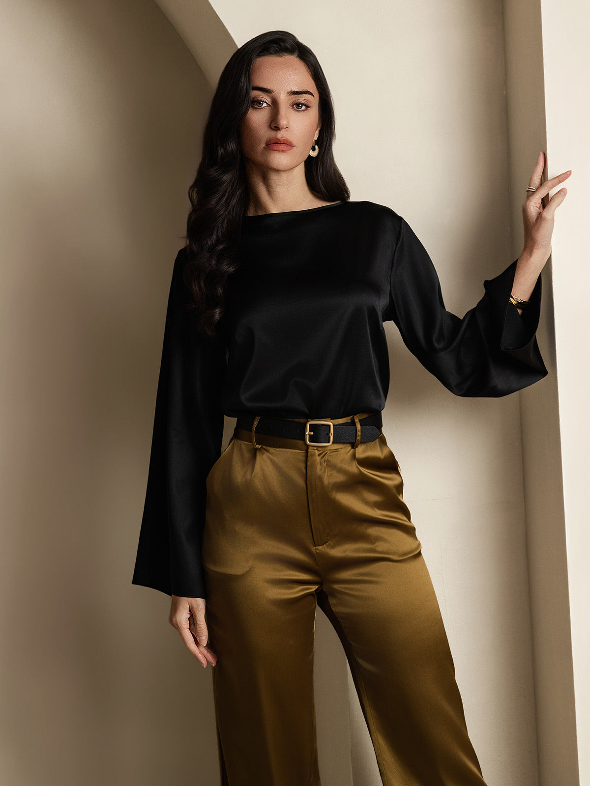 [Noir] SilkSilky-FR 19Momme Manches longues Col Bateau Blouse 004