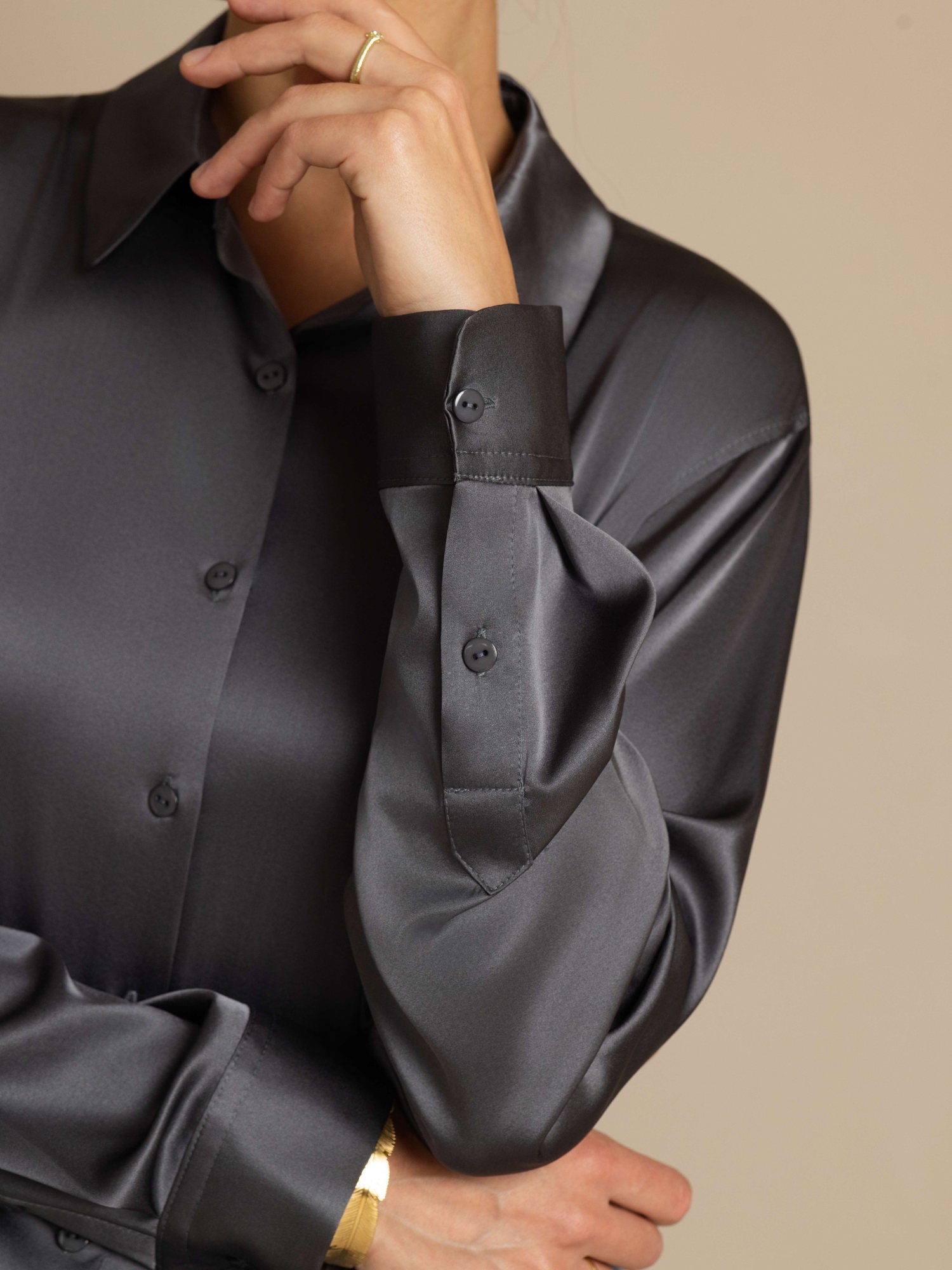 [Gris Foncé] SilkSilky-FR 19Momme Manches longues Col à Revers Femme Chemise 005