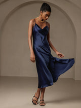 [Bleu Foncé] SilkSilky-FR Fines Brides Col Bénitier Robes 004