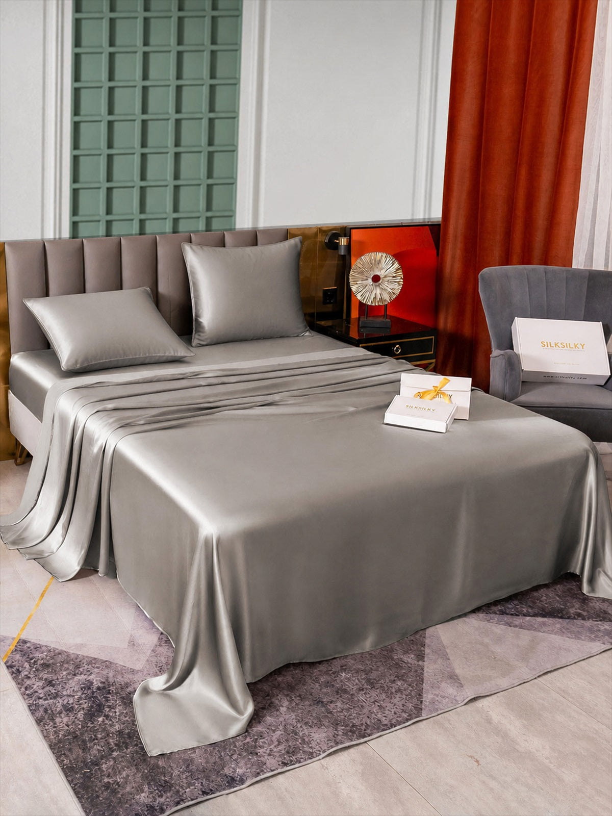 [Gris] SilkSilky-FR Parure de Lit Soie 002