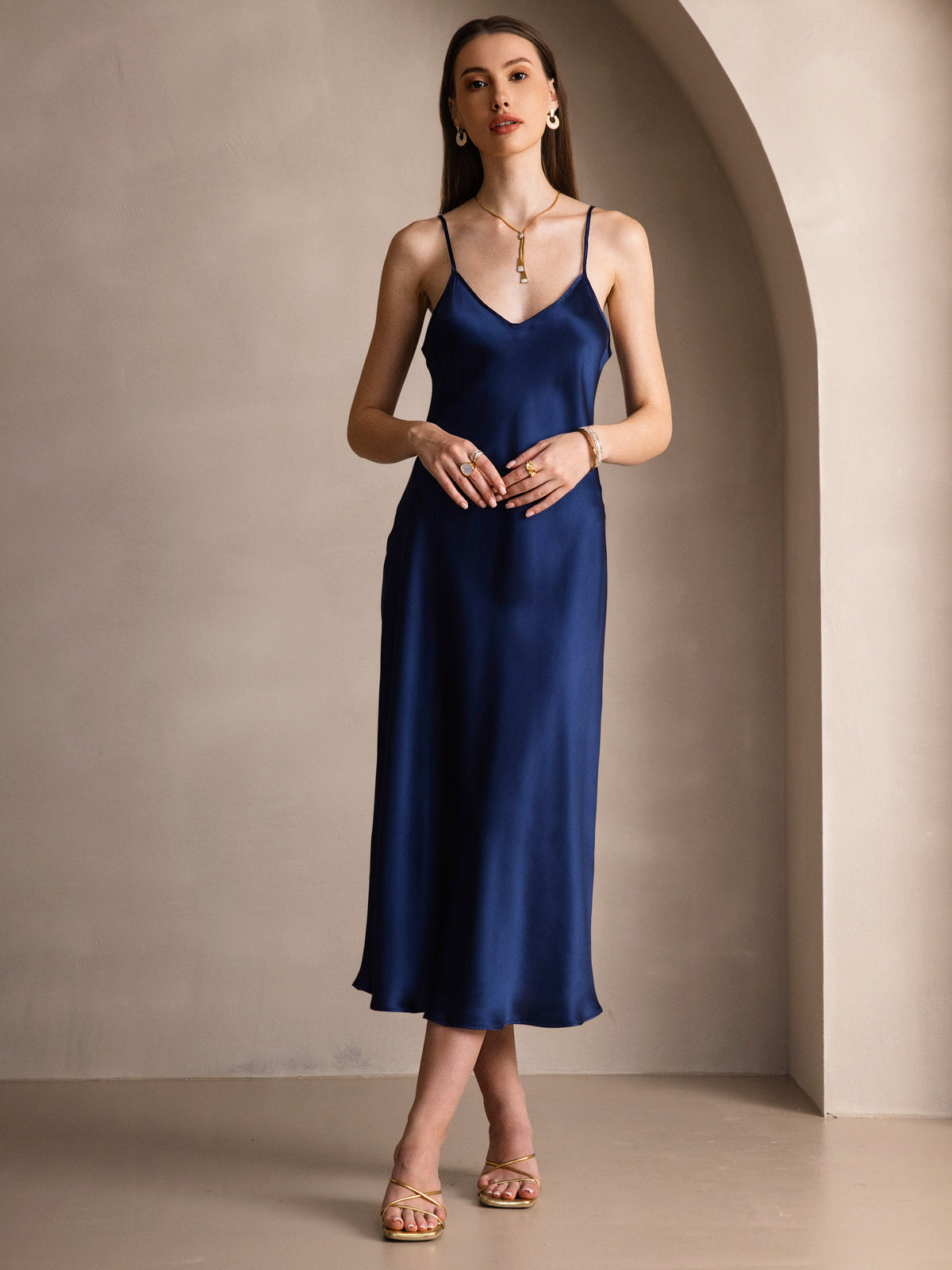 [Bleu Foncé] SilkSilky-FR Pure Soie Col Rond Robes 003