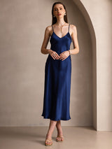 [Bleu Foncé] SilkSilky-FR Sleeveless V Neck Robes 003