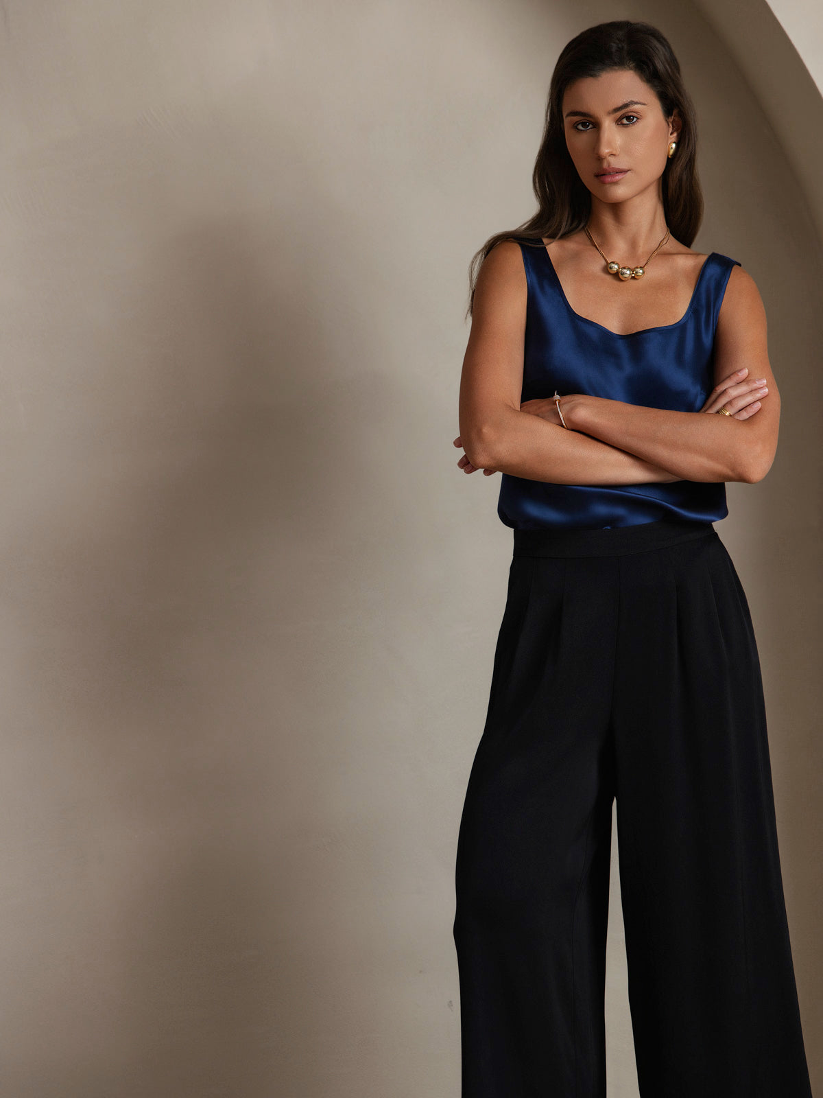 [Bleu Foncé] SilkSilky-FR 19Momme Sans manches Encolure Dégagée Top À Fines Brides 005