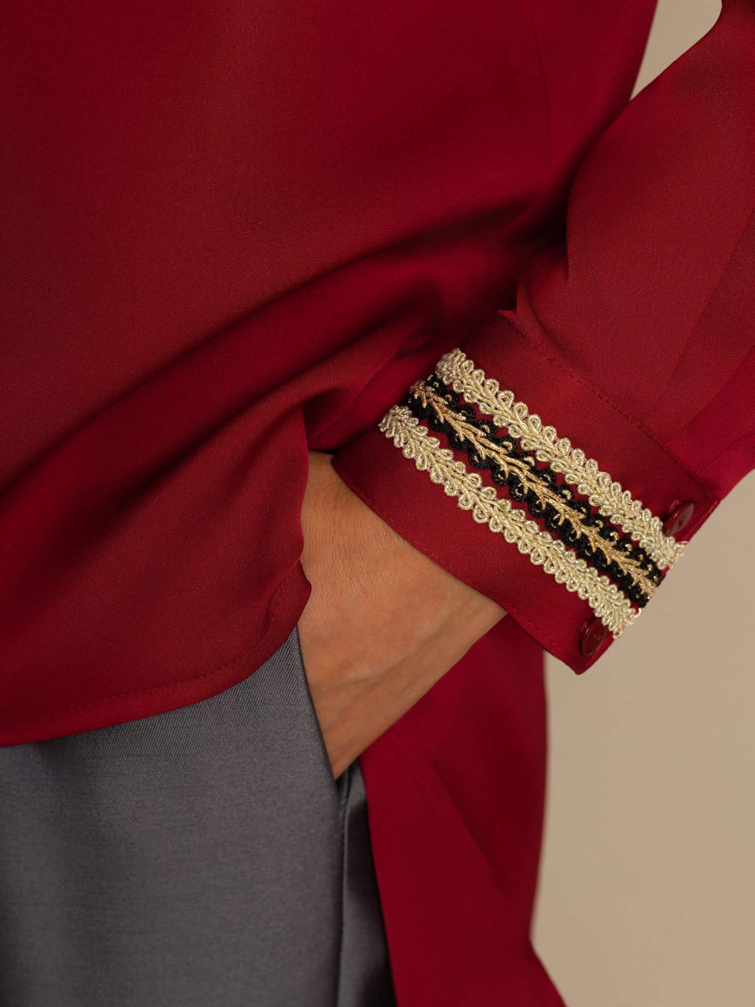 [Rouge Vineux] SilkSilky-FR 19Momme Soie Manches longues Col Montant Blouse 006