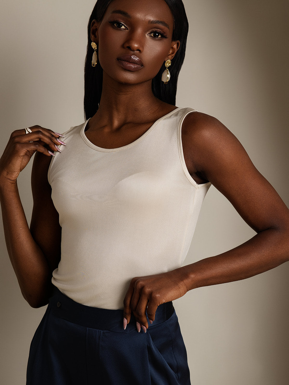 [Beige] SilkSilky-FR Soie Tricotée Col Rond Femme T-Shirt 003