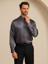 [Gris Foncé] SilkSilky-FR Long Sleeve Stand Collar Homme Chemise 006