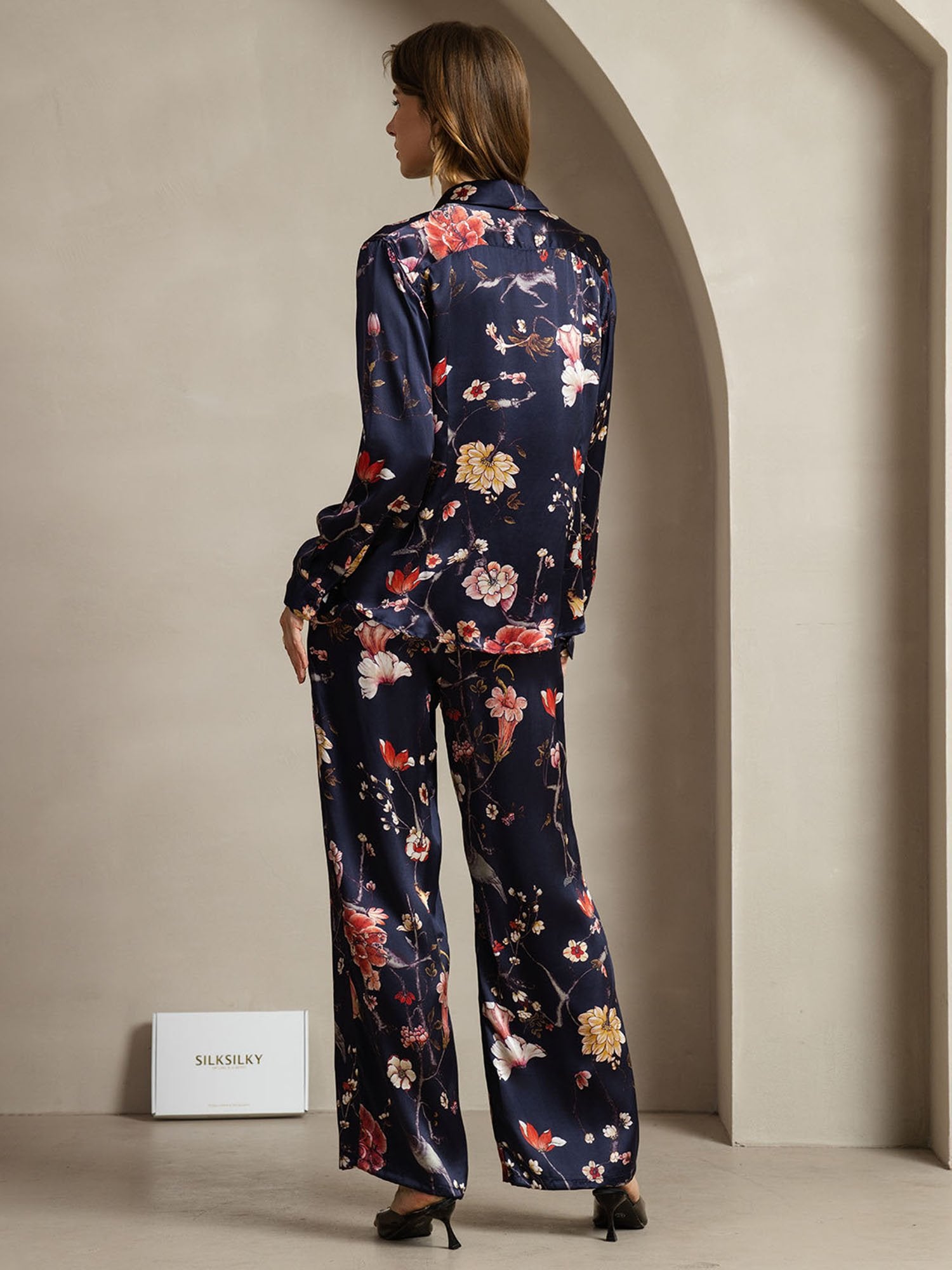 [FloralMarine] SilkSilky-FR 19Momme Soie Col Chemise Women''s Outfit Sets 002