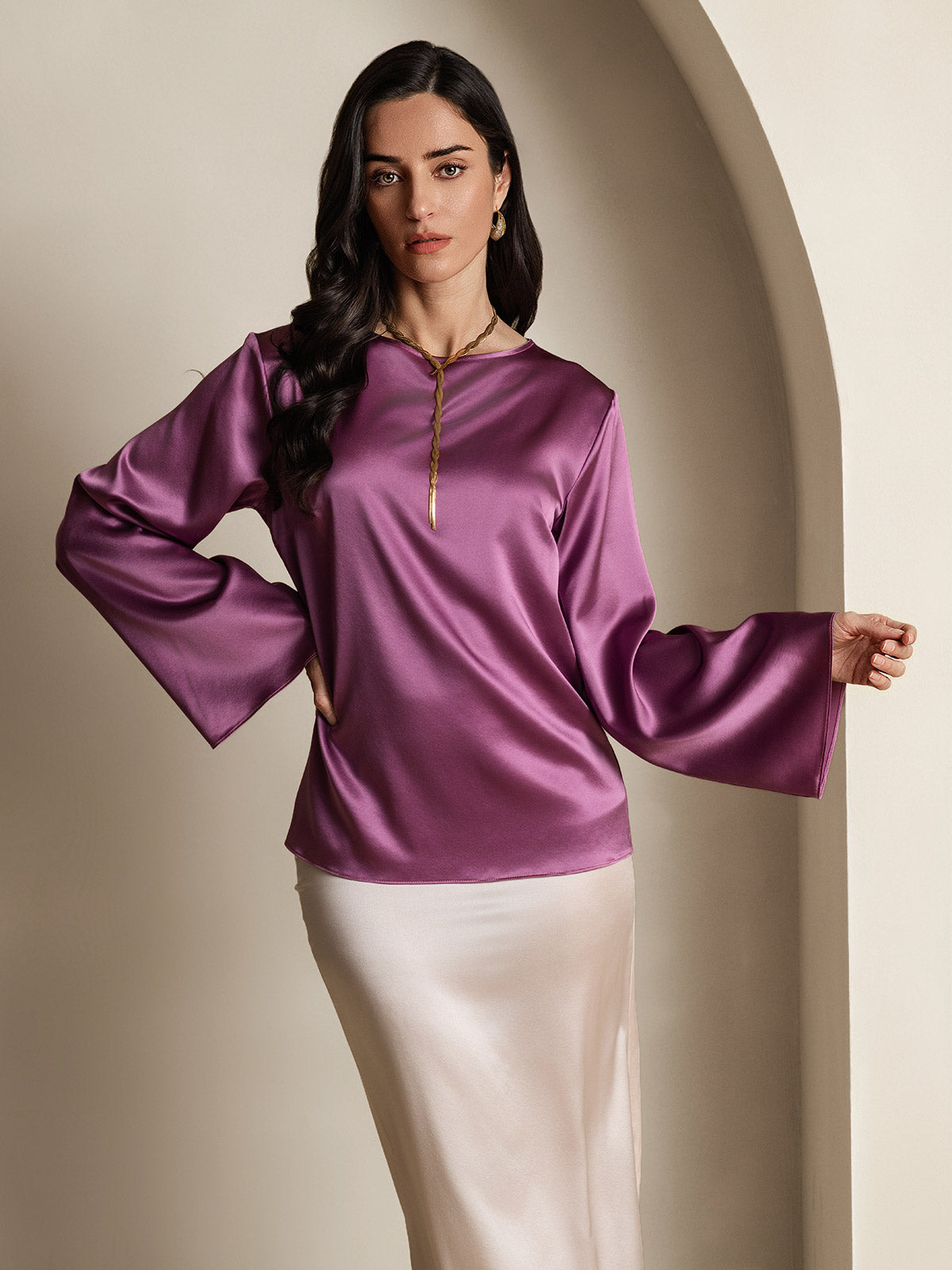 [Violet Foncé] SilkSilky-FR 19Momme Manches longues Col Bateau Blouse 003