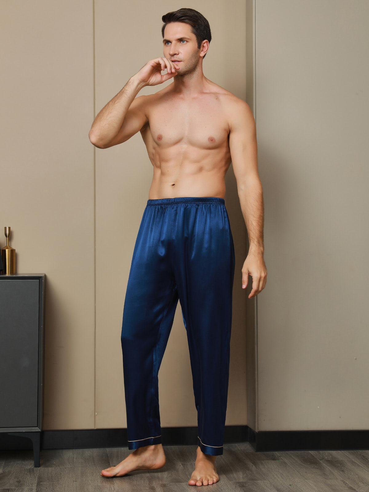 [Bleu Foncé] SilkSilky-FR Pure Soie Mens Sleep Bottoms 004