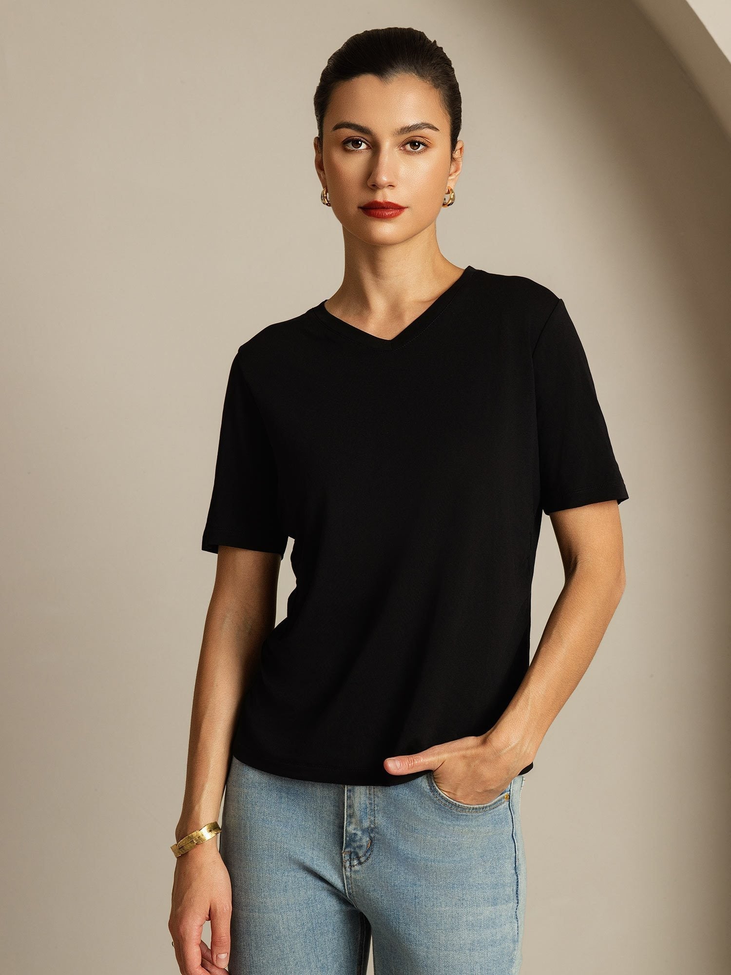 [Noir] SilkSilky-FR Manches courtes Col V Femme T-Shirt 001