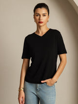 [Noir] SilkSilky-FR Manches courtes Col V Femme T-Shirt 001
