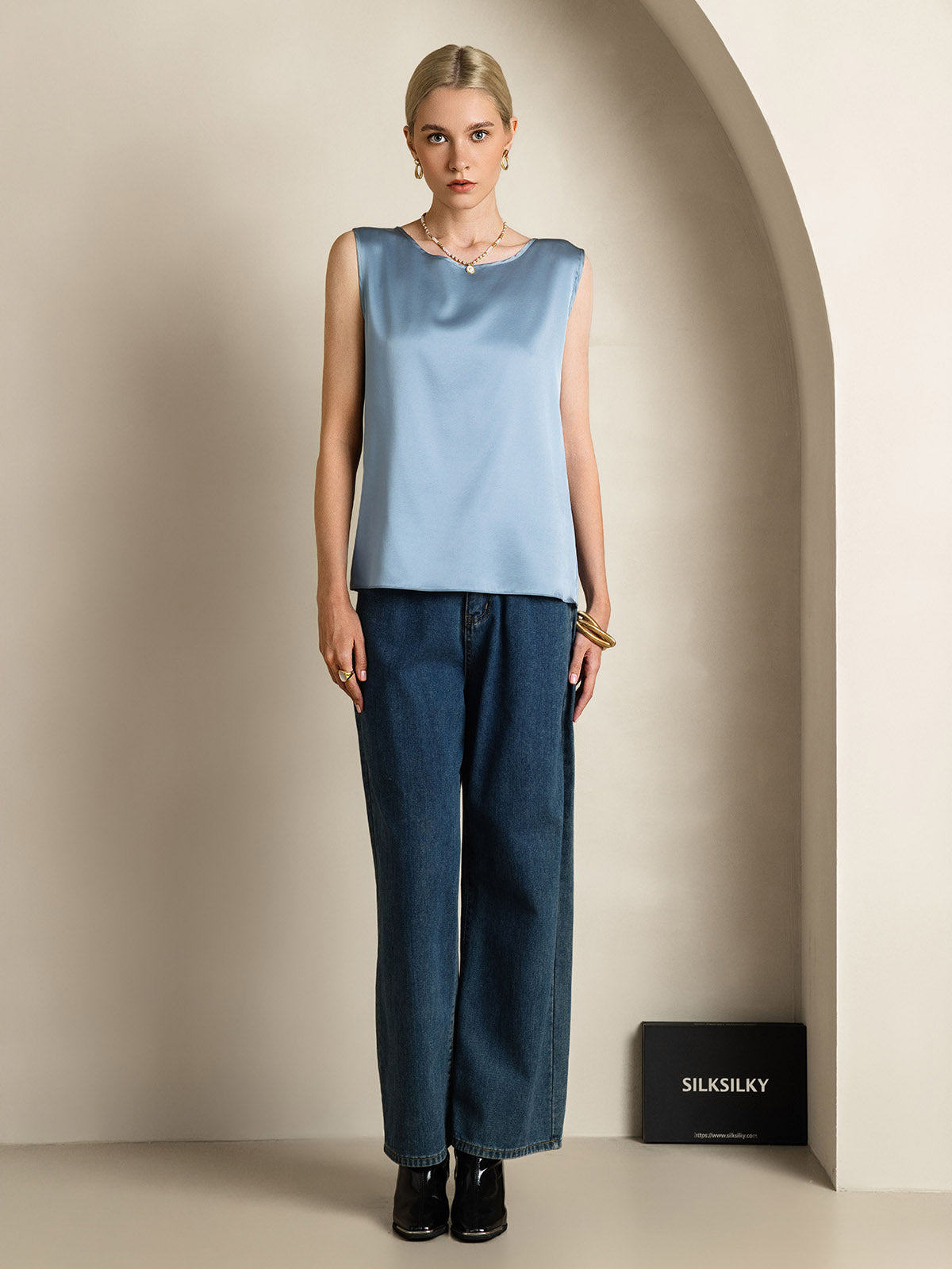 [Bleu Grisâtre] SilkSilky-FR 19Momme Sans manches Col Rond Top À Fines Brides 006