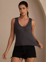 [Gris] SilkSilky-FR Sleeveless Deep V Neck Top À Fines Brides 003