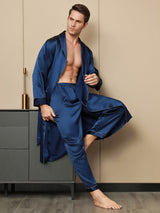 [Bleu Foncé] SilkSilky-FR Pure Soie Manches longues Revers Homme Peignoir 008