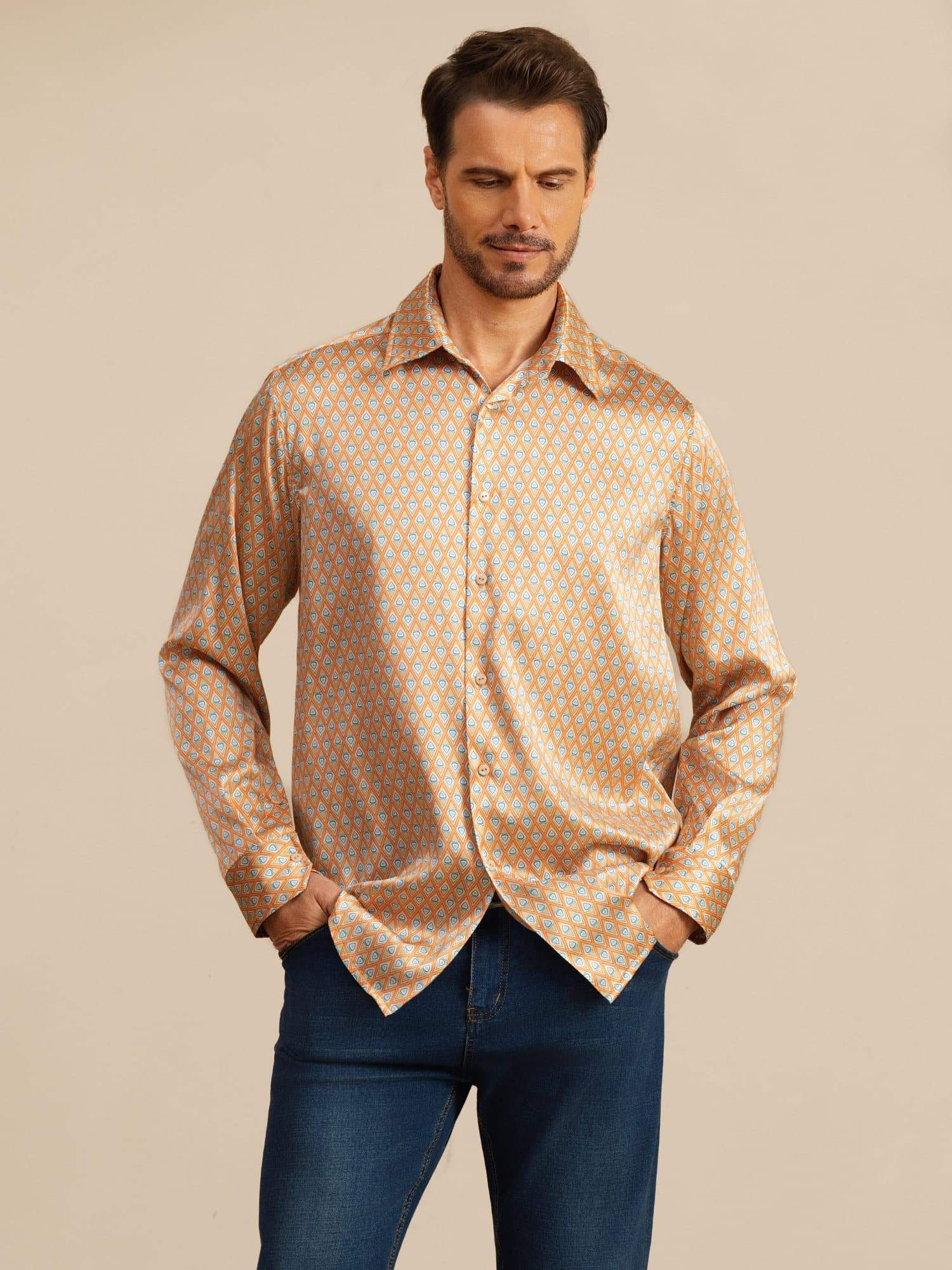 [Jaune Cœur Geo] SilkSilky-FR 19Momme Manches longues Col à Revers Homme Chemise 001