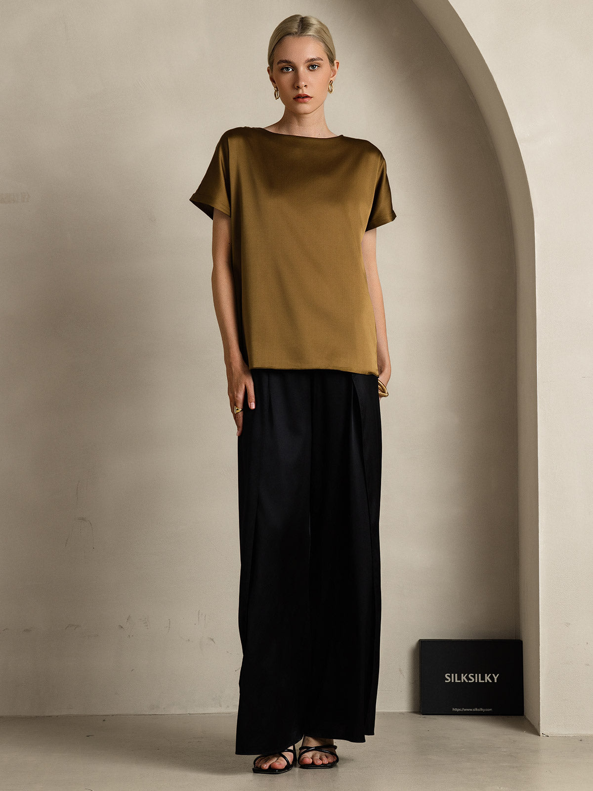 [Brun] SilkSilky-FR 19Momme Soie Col Rond Femme T-Shirt 007