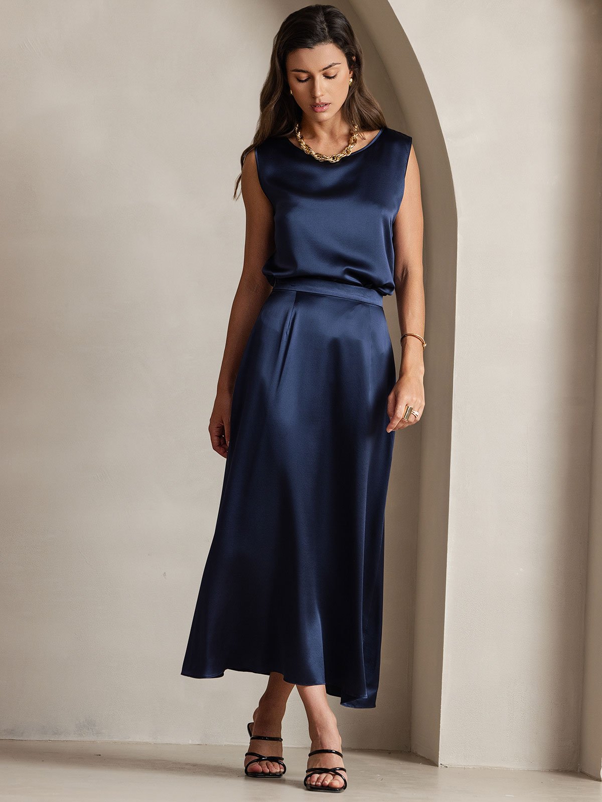 [Bleu Foncé] SilkSilky-FR 19Momme Soie Skirt 007