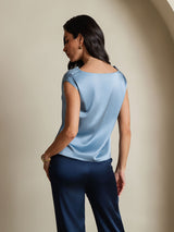 [Bleu Grisâtre] SilkSilky-FR Cap Sleeve Cowl Neck Femme T-Shirt 002