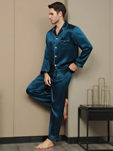 [Bleu Royal] SilkSilky-FR Manches longues Col Cranté Homme Pyjamas 005