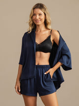 [Bleu Foncé] SilkSilky-FR 19Momme Manches mi-longues Col Cranté Femme Pyjamas 005