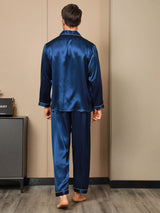[Bleu Foncé] SilkSilky-FR Manches longues Col Cranté Homme Pyjamas 002